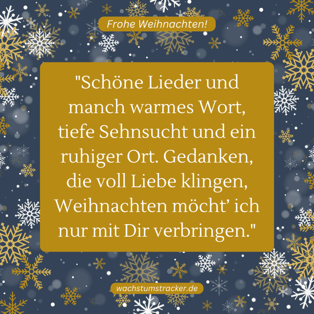 "Schöne Lieder und manch warmes Wort, tiefe Sehnsucht und ein ruhiger Ort. Gedanken, die voll Liebe klingen, Weihnachten möcht’ ich nur mit Dir verbringen."