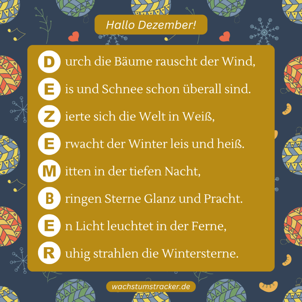 Winter in seiner Pracht „D urch die Bäume rauscht der Wind, E is und Schnee schon überall sind. Z ierte sich die Welt in Weiß, E rwacht der Winter leis und heiß. M itten in der tiefen Nacht, B ringen Sterne Glanz und Pracht. E in Licht leuchtet in der Ferne, R uhig strahlen die Wintersterne.“